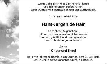 Traueranzeige von Hans-Jürgen de Hair von Stadtspiegel Bottrop