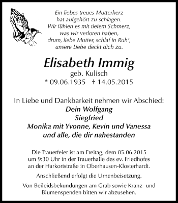 Traueranzeige von Elisabeth Immig von Wochen-Anzeiger Oberhausen