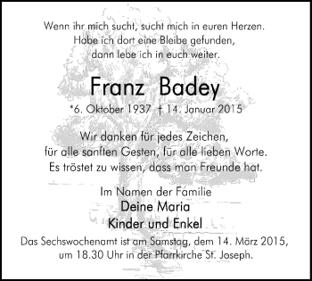 Traueranzeige von Franz Badey von Stadtspiegel Bottrop