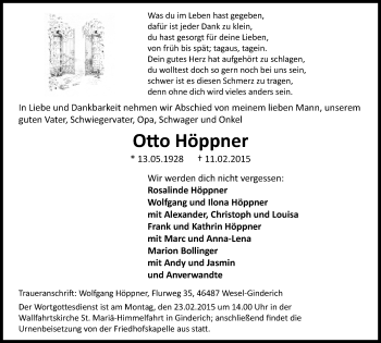 Traueranzeige von Otto Höppner von Mülheimer Woche
