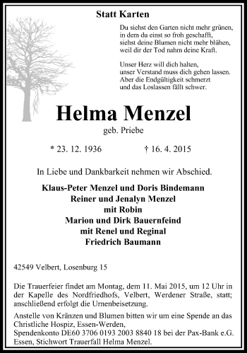 Traueranzeige von Helma Menzel von Stadtanzeiger Velbert + Heiligenhaus