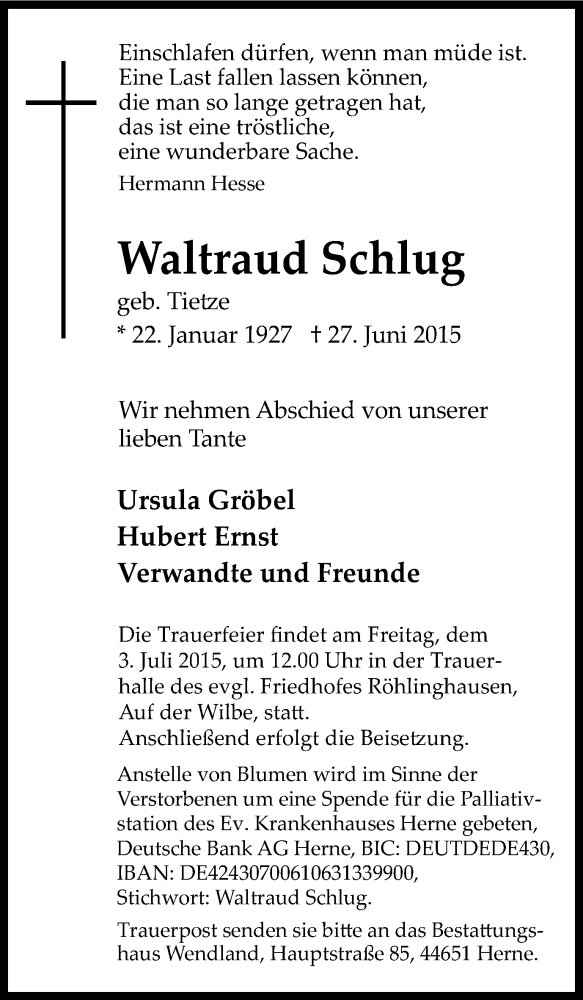  Traueranzeige für Waltraud Schlug vom 01.07.2015 aus Wochenblatt Herne/Wanne-Eickel