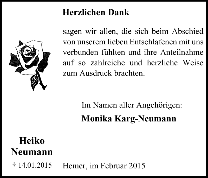  Traueranzeige für Heiko Neumann vom 14.02.2015 aus WVW Anzeigenblätter