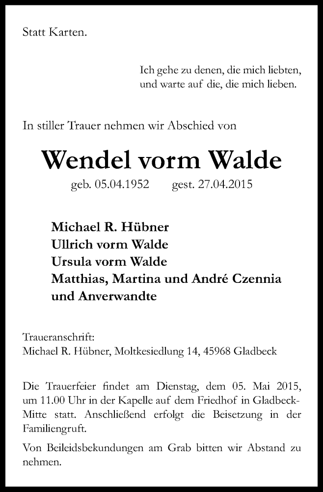  Traueranzeige für Wendel vorm Walde vom 02.05.2015 aus Stadtspiegel Gladbeck