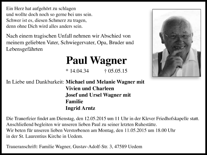 Traueranzeige für Paul Wagner vom 09.05.2015 aus Klever + Gocher Wochenblatt