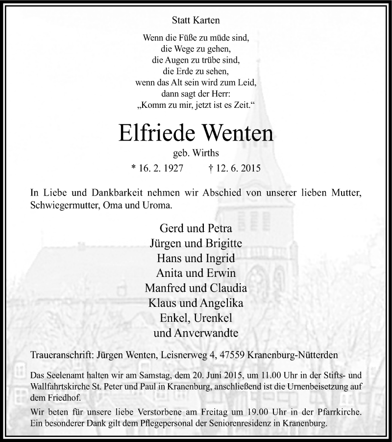  Traueranzeige für Elfriede Wenten vom 17.06.2015 aus Klever Wochenblatt