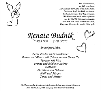 Traueranzeige von Renate Budnik von Stadtanz.Castrop-Rauxel