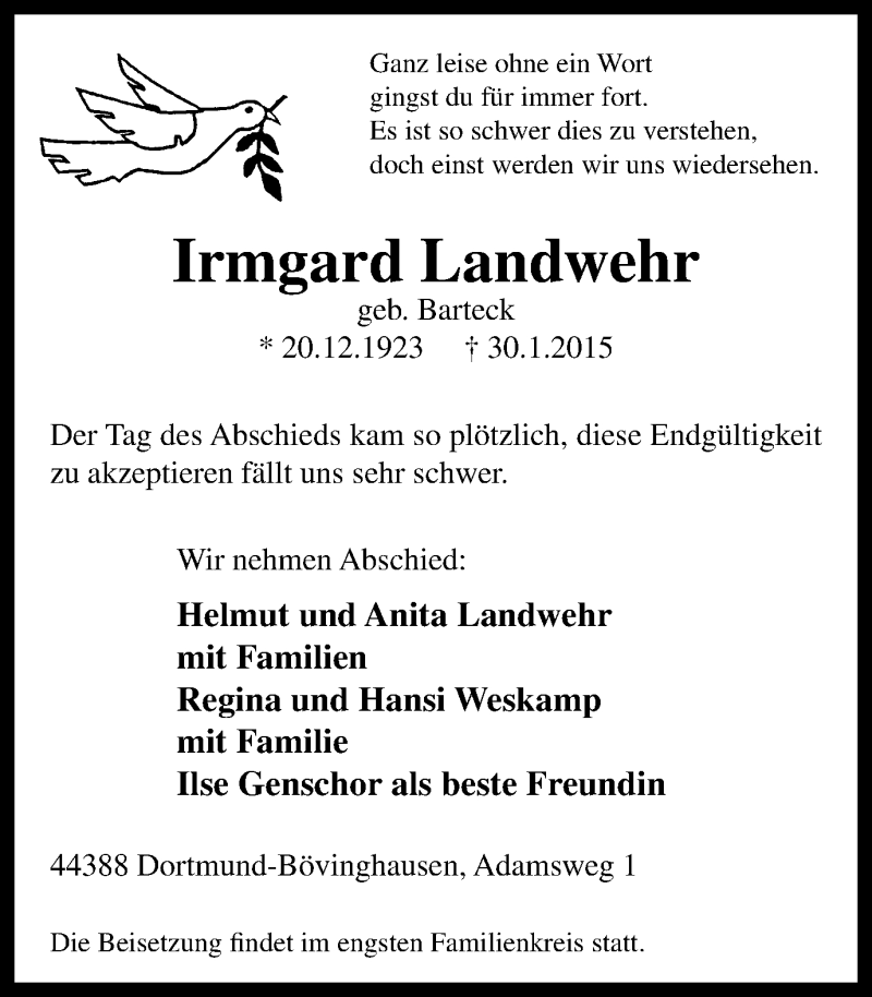  Traueranzeige für Irmgard Landwehr vom 07.02.2015 aus Stadtanzeiger Dortmund