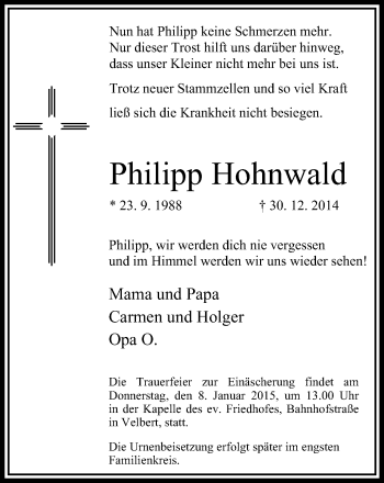 Traueranzeige von Philipp Hohnwald von WVW Anzeigenblätter