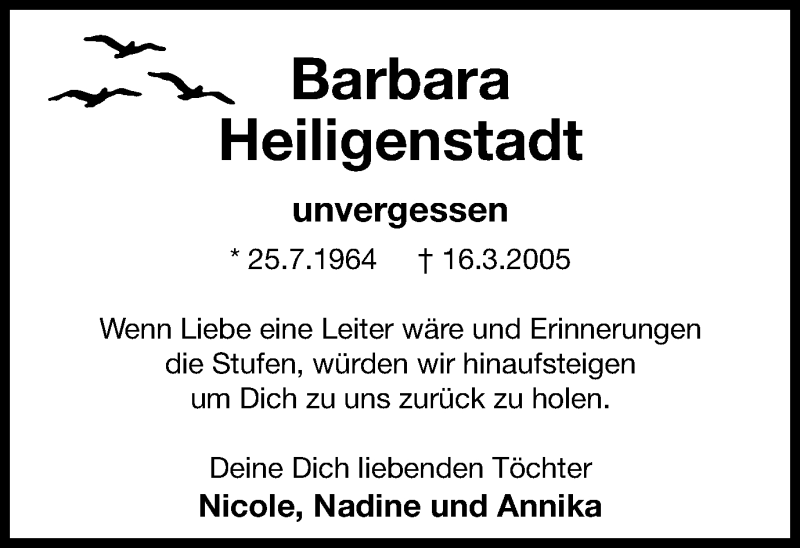  Traueranzeige für Barbara Heiligenstadt vom 18.03.2015 aus Stadtspiegel Bottrop