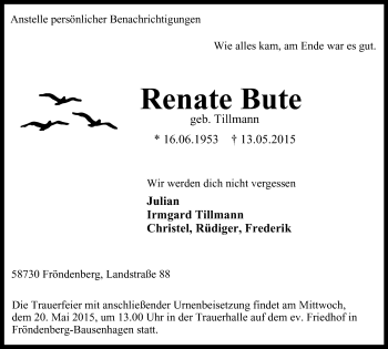 Traueranzeige von Renate Bute von Stadtspiegel Menden + Froendenberg