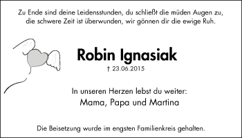 Traueranzeige von Robin Ignasiak von Stadtspiegel Iserlohn + Hemer