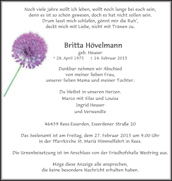 Traueranzeige von Britta Hövelmann von Stadtanzeiger Emmerich/Rees/Isselburg