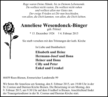Traueranzeige von Anneliese Wesendonck-Binger von Stadtanzeiger Emmerich/Rees/Isselburg