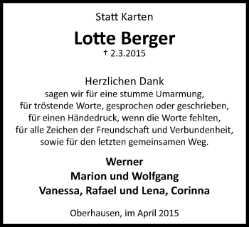 Traueranzeige von Lotte Berger von Wochen-Anzeiger Oberhausen