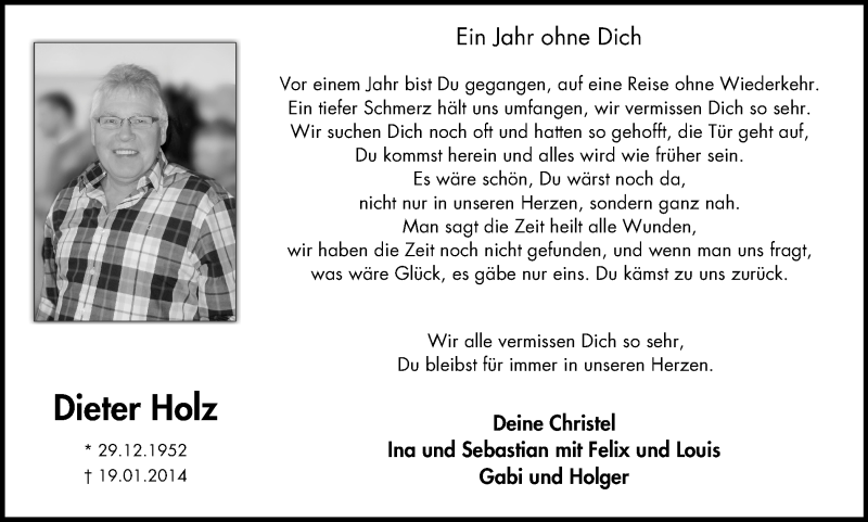  Traueranzeige für Dieter Holz vom 17.01.2015 aus Lüner Anzeiger