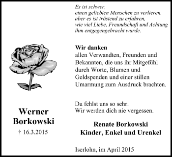Traueranzeige von Werner Borkowski von Stadtspiegel Iserlohn + Hemer