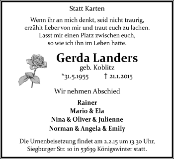 Traueranzeige von Gerda Landers von Wochen-Anzeiger Oberhausen