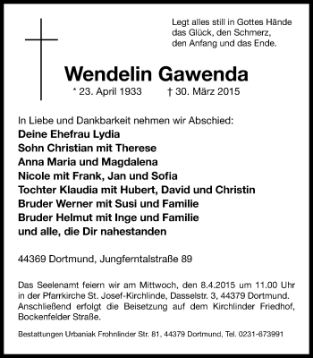 Traueranzeige von Wendelin Gawenda von Stadtanzeiger Dortmund