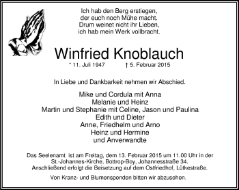 Traueranzeige von Winfried Knoblauch von Stadtspiegel Bottrop