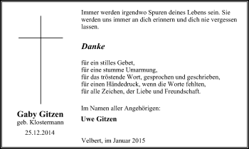 Traueranzeige von Gaby Gitzen von Stadtanzeiger Velbert + Heiligenhaus