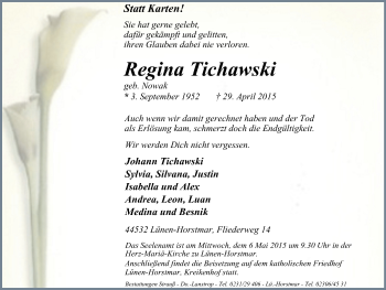 Traueranzeige von Regina Tichawski von Lüner Anzeiger