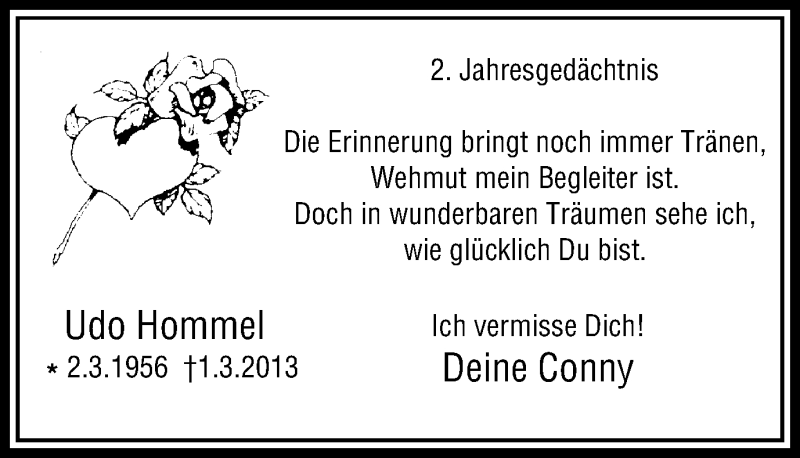  Traueranzeige für Udo Hommel vom 28.02.2015 aus Stadtspiegel Bochum
