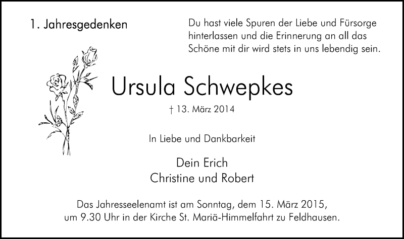  Traueranzeige für Ursula Schwepkes vom 11.03.2015 aus Stadtspiegel Bottrop