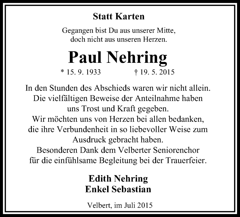  Traueranzeige für Paul Nehring vom 18.07.2015 aus Stadtanzeiger Velbert + Heiligenhaus