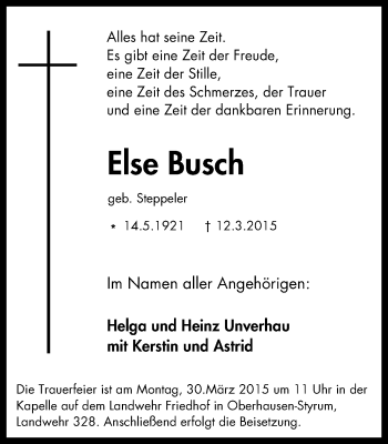 Traueranzeige von Else Busch von Wochen-Anzeiger Oberhausen