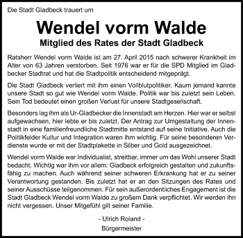 Traueranzeige von Wendel vorm Walde von Stadtspiegel Gladbeck