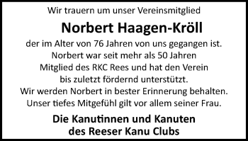 Traueranzeige von Norbert Haagen-Kröll von Stadtanzeiger Emmerich/Rees/Isselburg