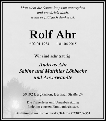 Traueranzeige von Rolf Ahr von Stadtspiegel Kamen + Unna