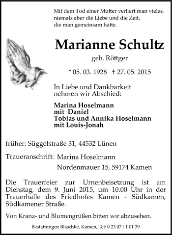 Traueranzeige von Marianne Schultz von Stadtspiegel Kamen + Unna