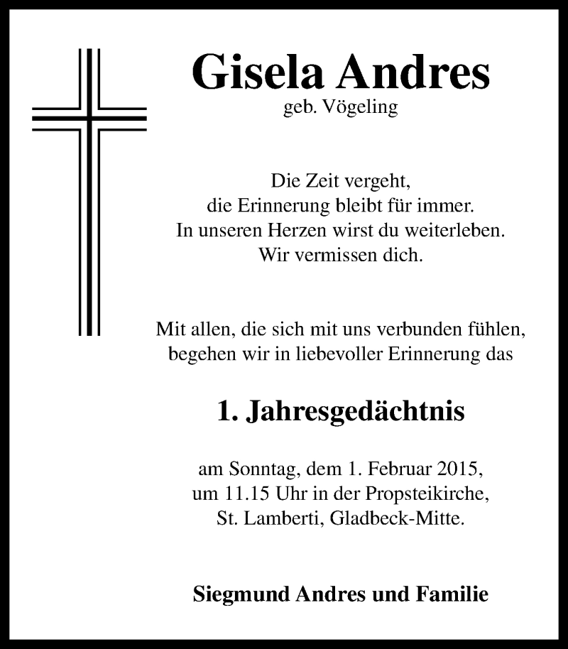  Traueranzeige für Gisela Andres vom 28.01.2015 aus Stadtspiegel Gladbeck