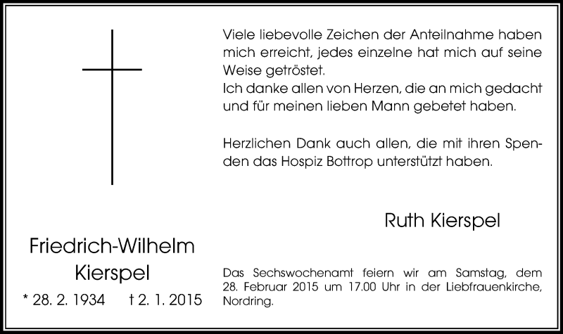  Traueranzeige für Friedrich-Wilhelm Kierspel vom 25.02.2015 aus Stadtspiegel Bottrop