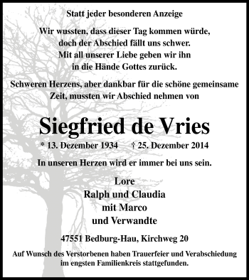 Traueranzeige von Siegfried de Vries von Klever Wochenblatt
