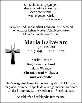 Traueranzeige von Maria Kalveram von Wochen-Anzeiger Oberhausen