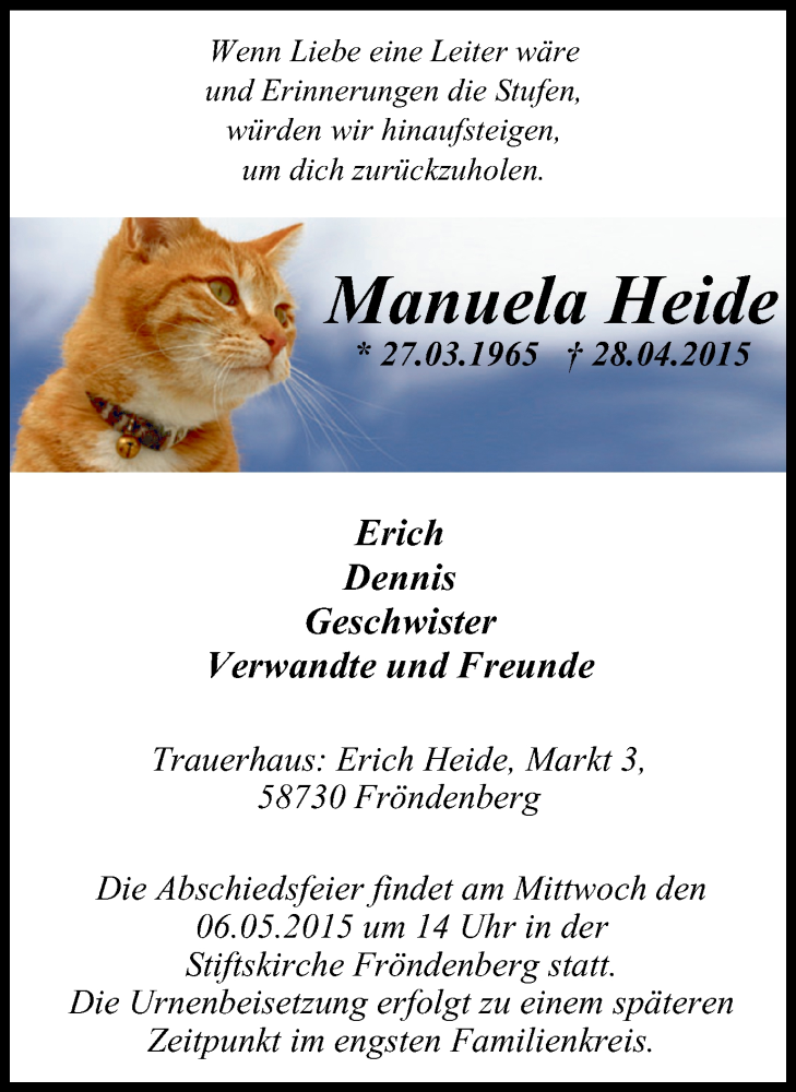  Traueranzeige für Manuela Heide vom 02.05.2015 aus Stadtspiegel Menden + Froendenberg