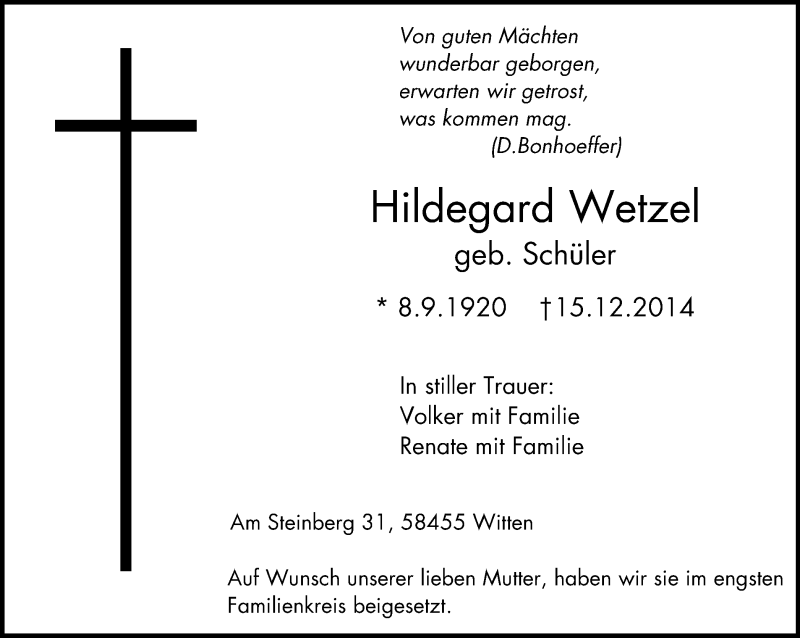 Traueranzeigen von Hildegard Wetzel | Trauer-in-NRW.de