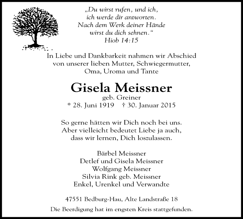  Traueranzeige für Gisela Meissner vom 07.02.2015 aus Klever Wochenblatt