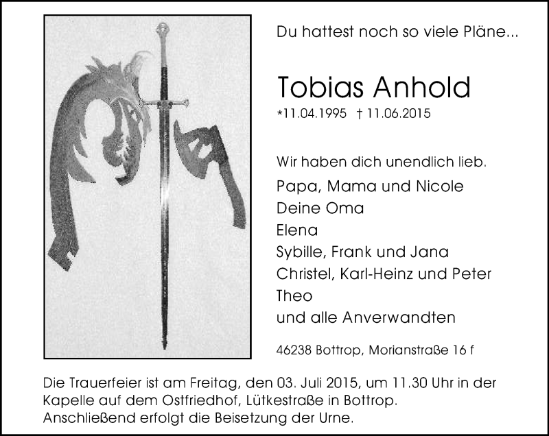  Traueranzeige für Tobias Anhold vom 17.06.2015 aus Stadtspiegel Bottrop