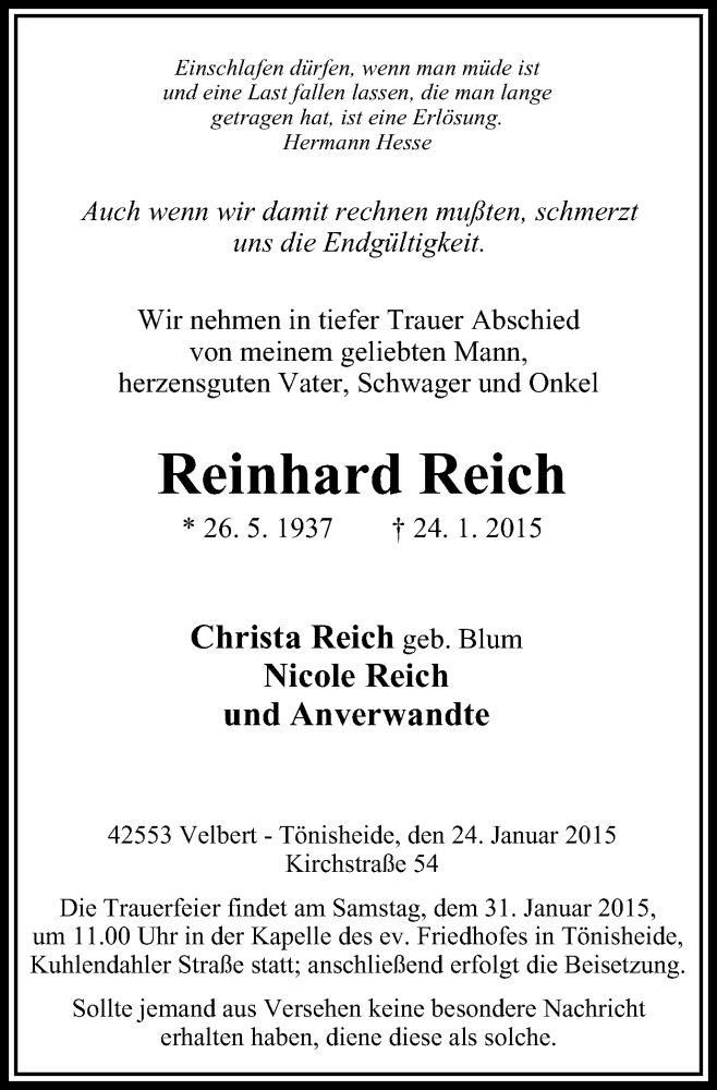  Traueranzeige für Reinhard Reich vom 28.01.2015 aus Stadtanzeiger Velbert + Heiligenhaus