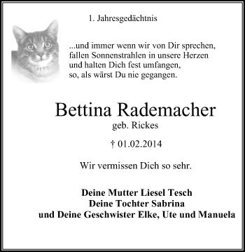Traueranzeige von Bettina Rademacher von Stadtanzeiger Velbert + Heiligenhaus