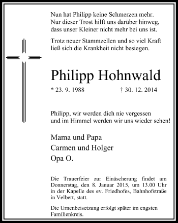 Traueranzeige von Philipp Hohnwald von WVW Anzeigenblätter