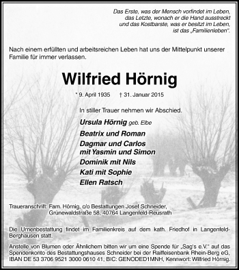 Traueranzeige von Wilfried Hörnig von Wochen-Anzeiger Langenfeld/Monheim/Hilden