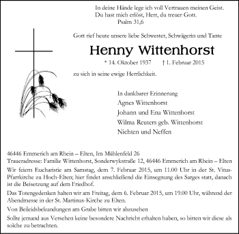 Traueranzeige von Henny Wittenhorst von Stadtanzeiger Emmerich/Rees/Isselburg