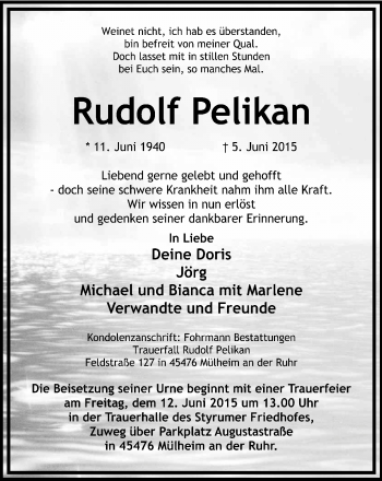 Traueranzeige von Rudolf Pelikan von Mülheimer Woche