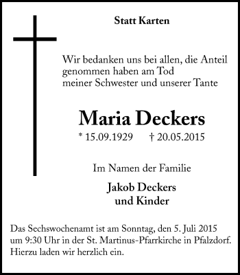 Traueranzeige von Maria Deckers von Gocher Wochenblatt