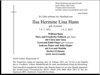 Traueranzeige von Ilsa Hermine Lina Hann von Stadtanzeiger Velbert + Heiligenhaus